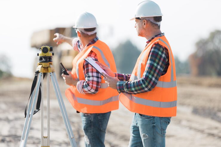 Boundary surveyors using total station for land measurement.
